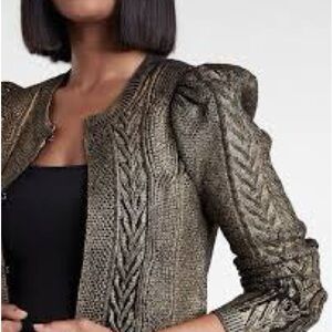 Express Black & Gold Metallic Foil Cable Knit Cardigan Sweater Puff Sleeve XL